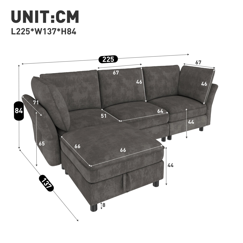 Divano angolare modulare da 4 a 5 posti in ciniglia grigio con pouf contenitore e 2 cuscini 225 × 137 × 84 cm