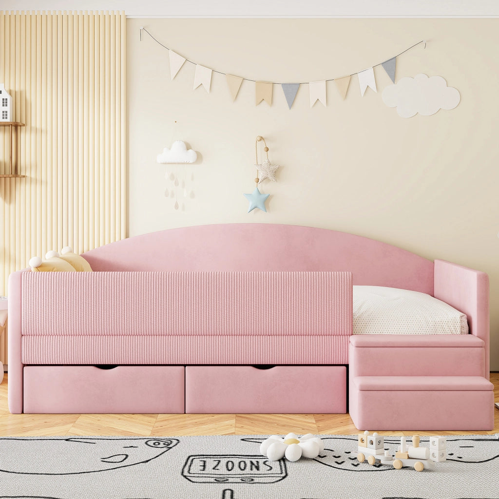 Divano letto imbottito in velluto grigio, letto singolo 90x190 con cassetti e sponde
