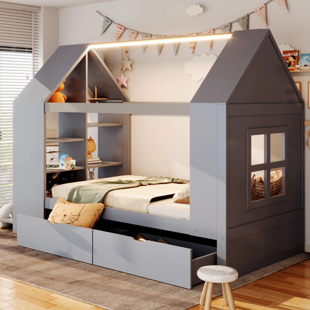 Letto a casetta 90x200 cm grigio con LED, cassetti e vani portaoggetti