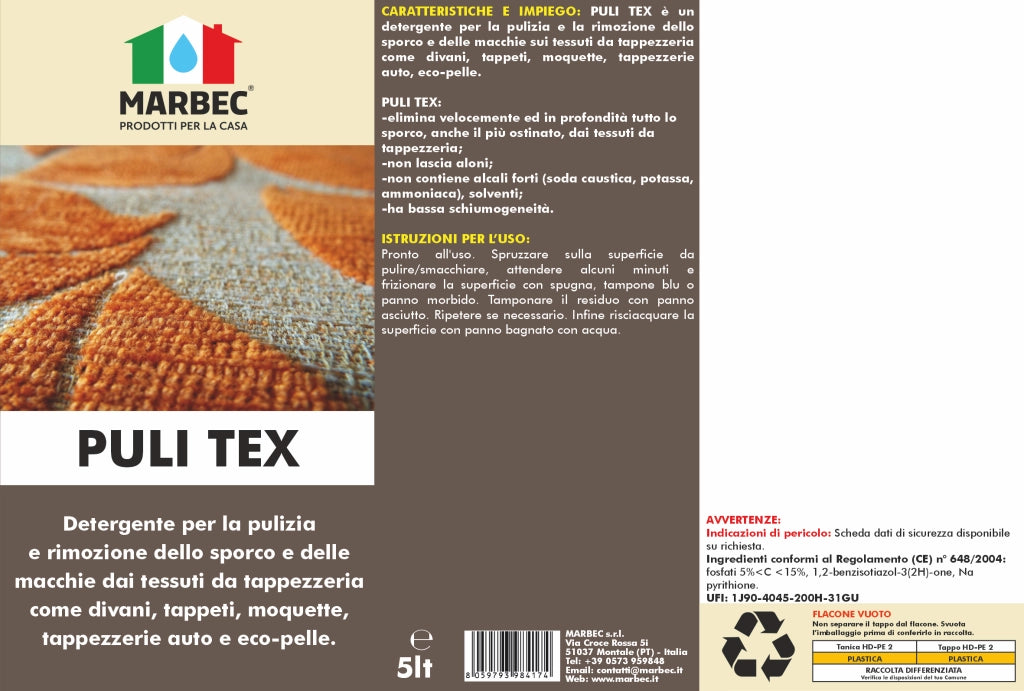 Detergente per pulire divano, tappeti e moquette PULI TEX   5LTx4Pz