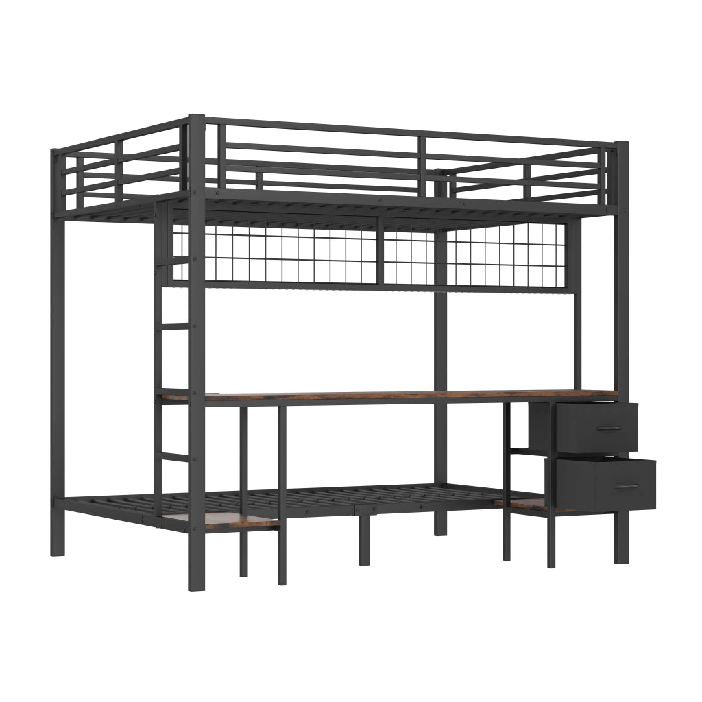 Letto a soppalco 140x200 cm con scrivania, cassetti, ripiani e LED USB, struttura in metallo nero