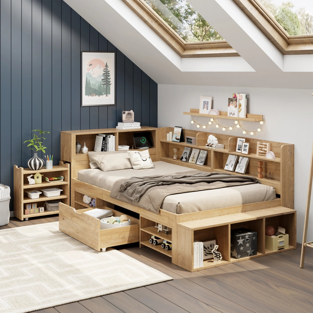 Letto singolo per bambini 90 × 200 cm con rete a doghe in compensato naturale e mobili contenitore