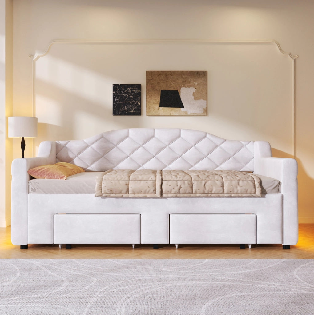 Letto da giorno estraibile 90x200/180x200 cm con 2 cassetti e LED bianco
