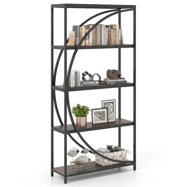 Libreria Industriale a 5 Ripiani Mobile Scaffale ad Arco in Metallo Marrone Rustico Robusto per Casa e Ufficio