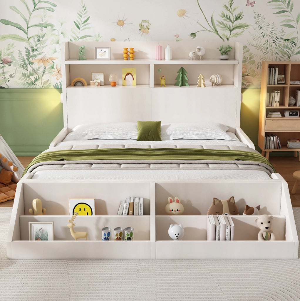 Letto in legno bianco 140x200 cm con contenitori, luci notturne e scaffale libreria removibile