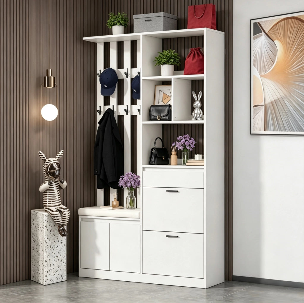 Guardaroba da ingresso multifunzionale 120x30x200 cm in MDF bianco con panca imbottita, 2 ribalte porta scarpe, 1 cassetto, 2 ante e 10 appendini, capacità 30 kg