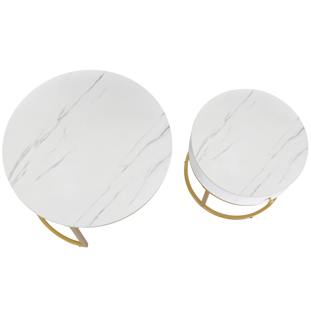 Tavolini bassi a incastro rotondi set di 2 in MDF bianco lucido effetto marmo con struttura in metallo dorata