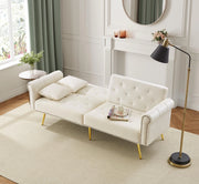 Divano letto 2 posti con doppio schienale regolabile in 3 posizioni e 2 cuscini, in velluto beige, 147 × 85 cm