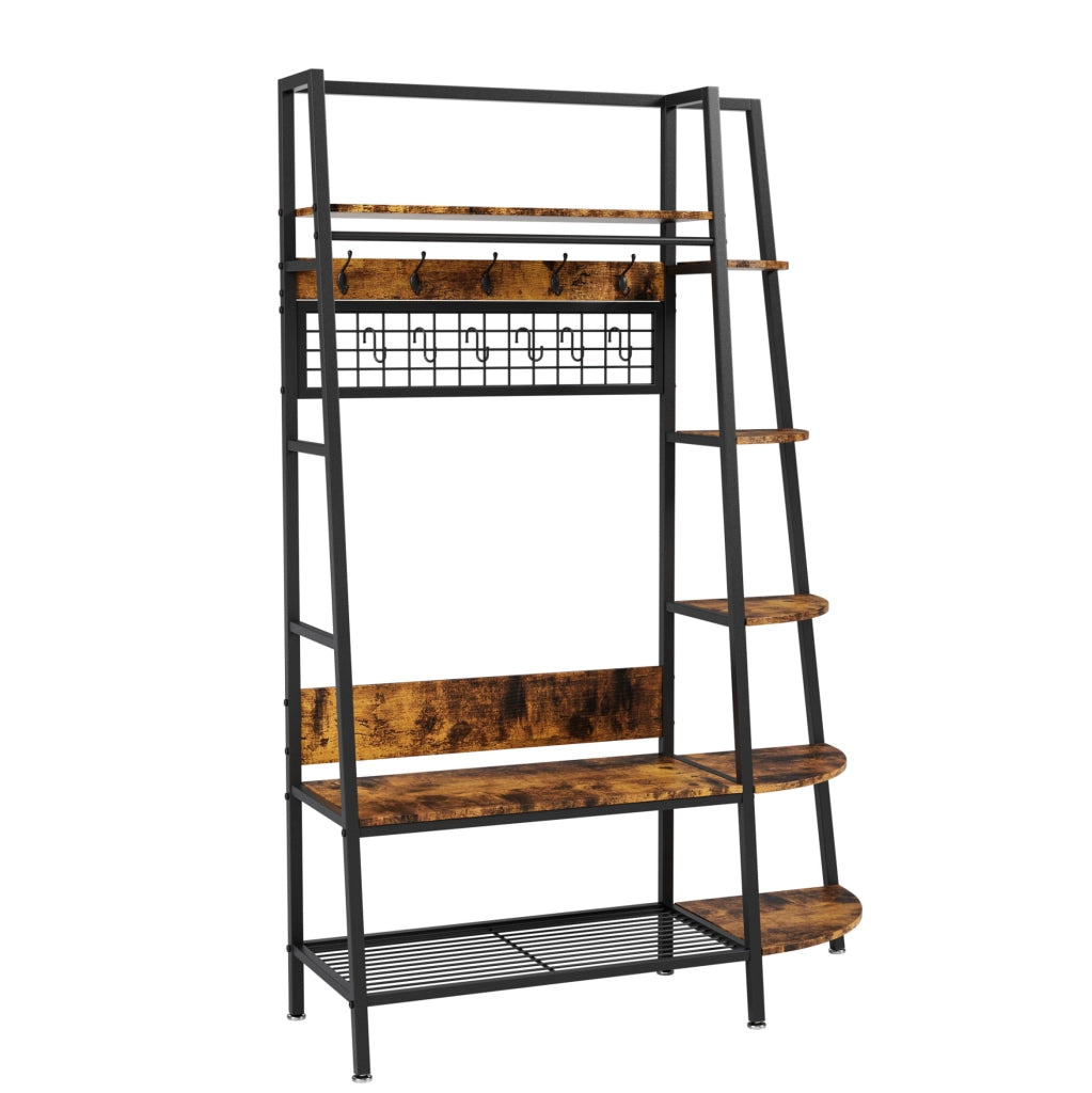 Appendiabiti Industriale Autoportante con Mensole in Legno Marrone Retro - Organizer Multiuso per Abiti e Scarpe