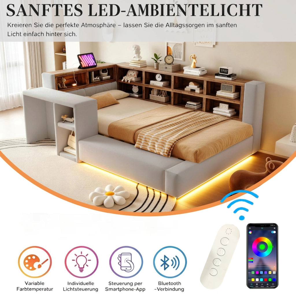 Letto imbottito 90 × 200 cm con testiera a ripiani; LED regolabile; prese europee e tavolino laterale grigio chiaro