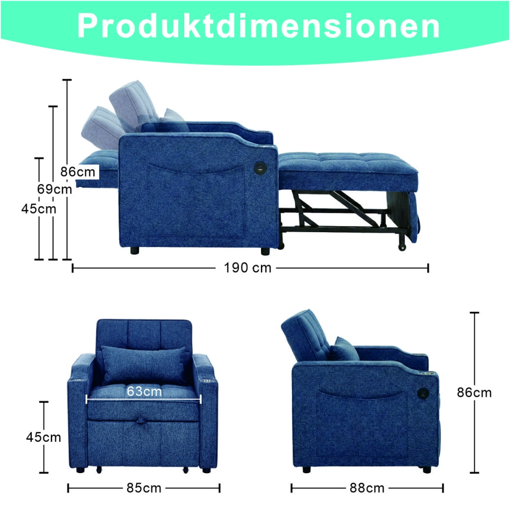 Divano Letto 3 in 1 con USB ¨C Xylo ¨C Blu Navy, Trasformabile