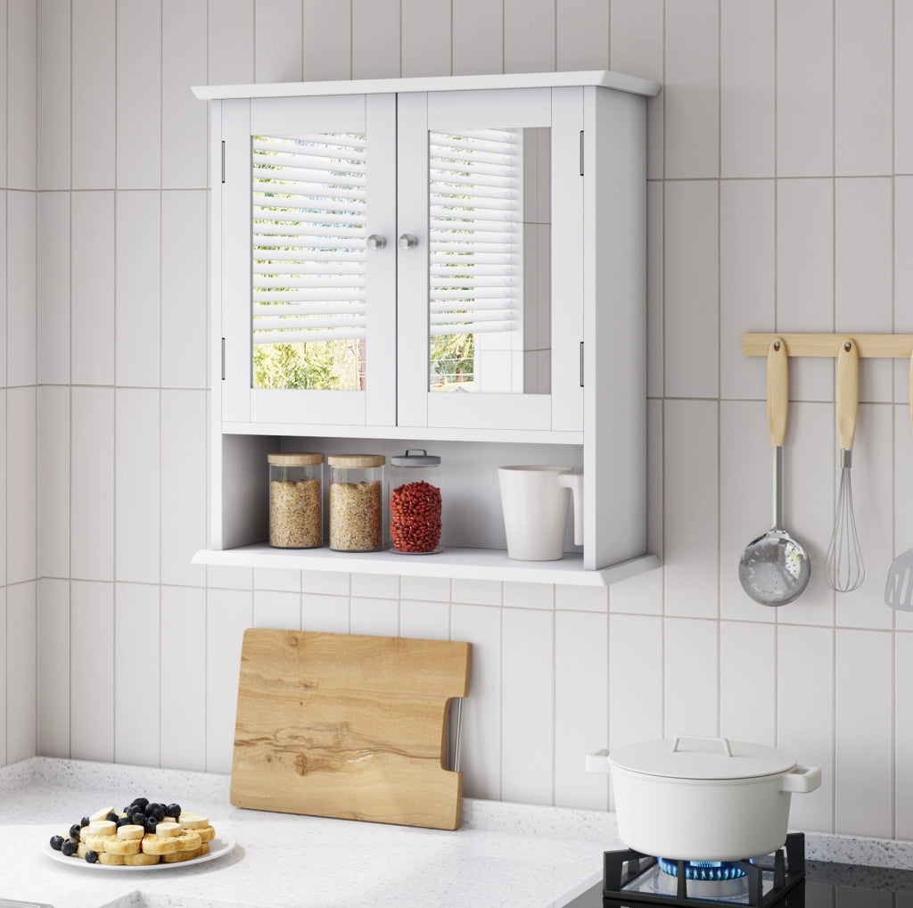 Mobile bagno sospeso 54,6x19,8x60 cm con specchio e ripiani in MDF bianco