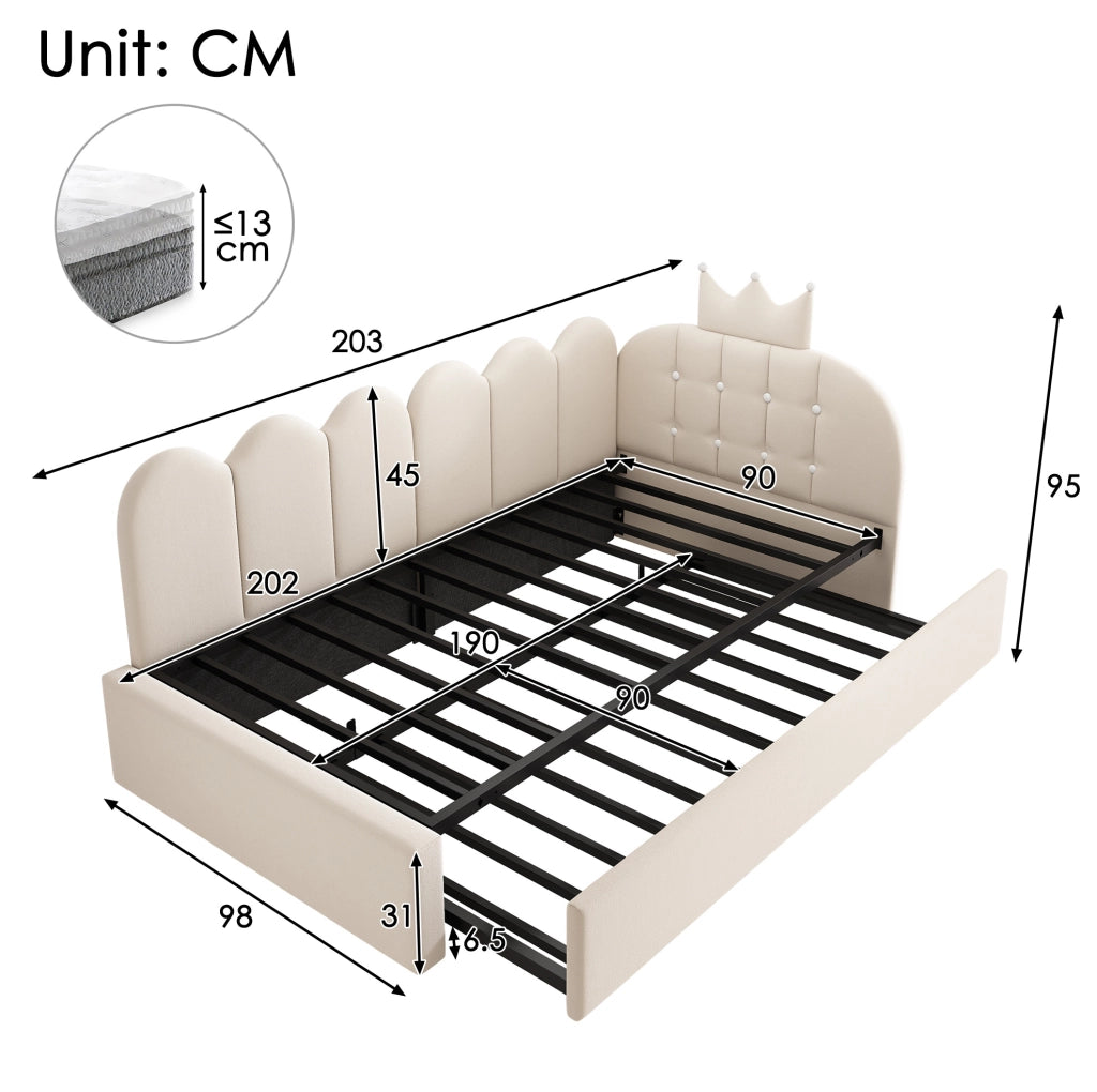 Divano Letto con Letto Estraibile L-Shape 90x200 cm in Velluto Beige per Cameretta e Ospiti