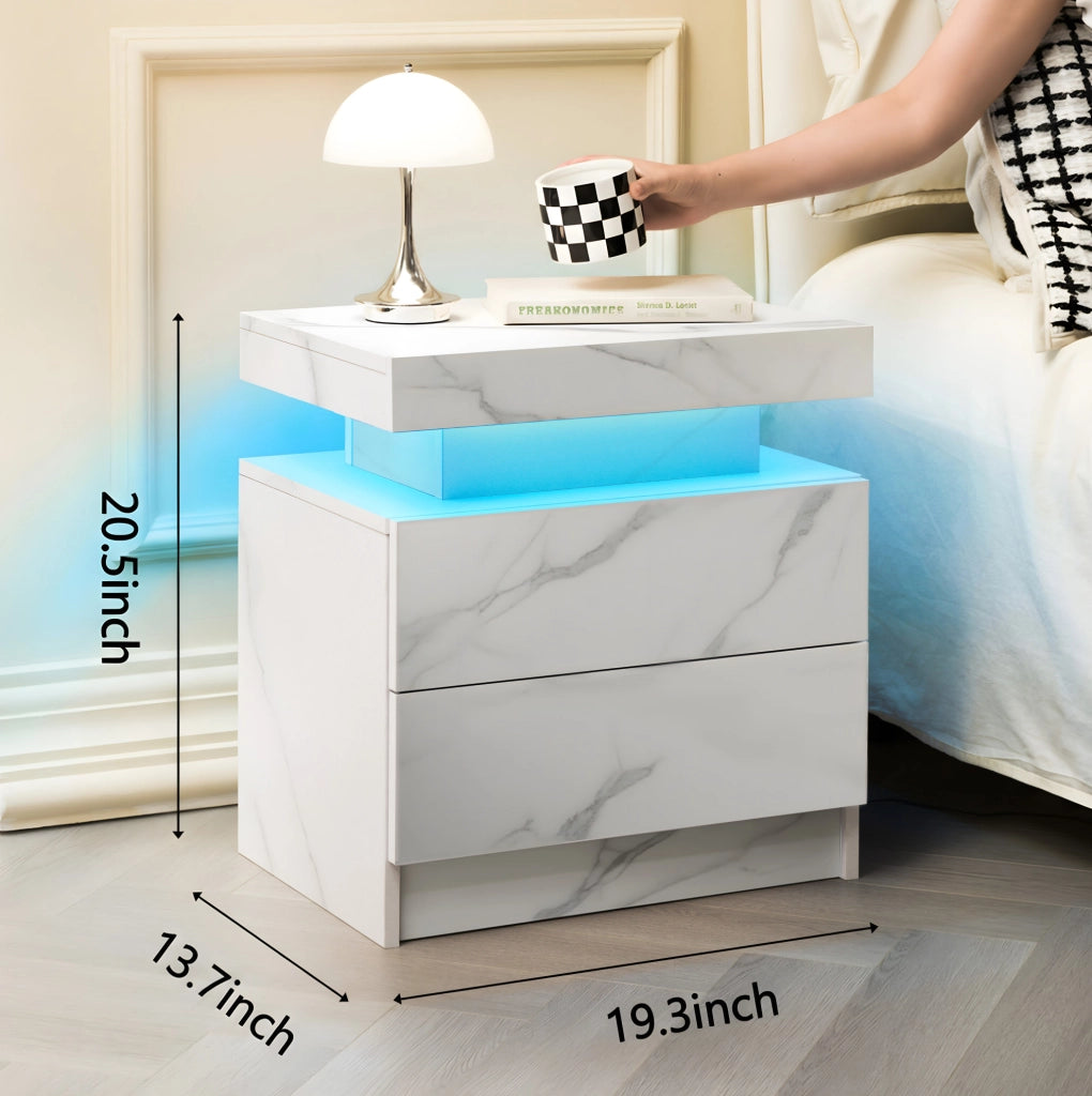 Comodino LED bianco opaco con 2 cassetti e vano aperto