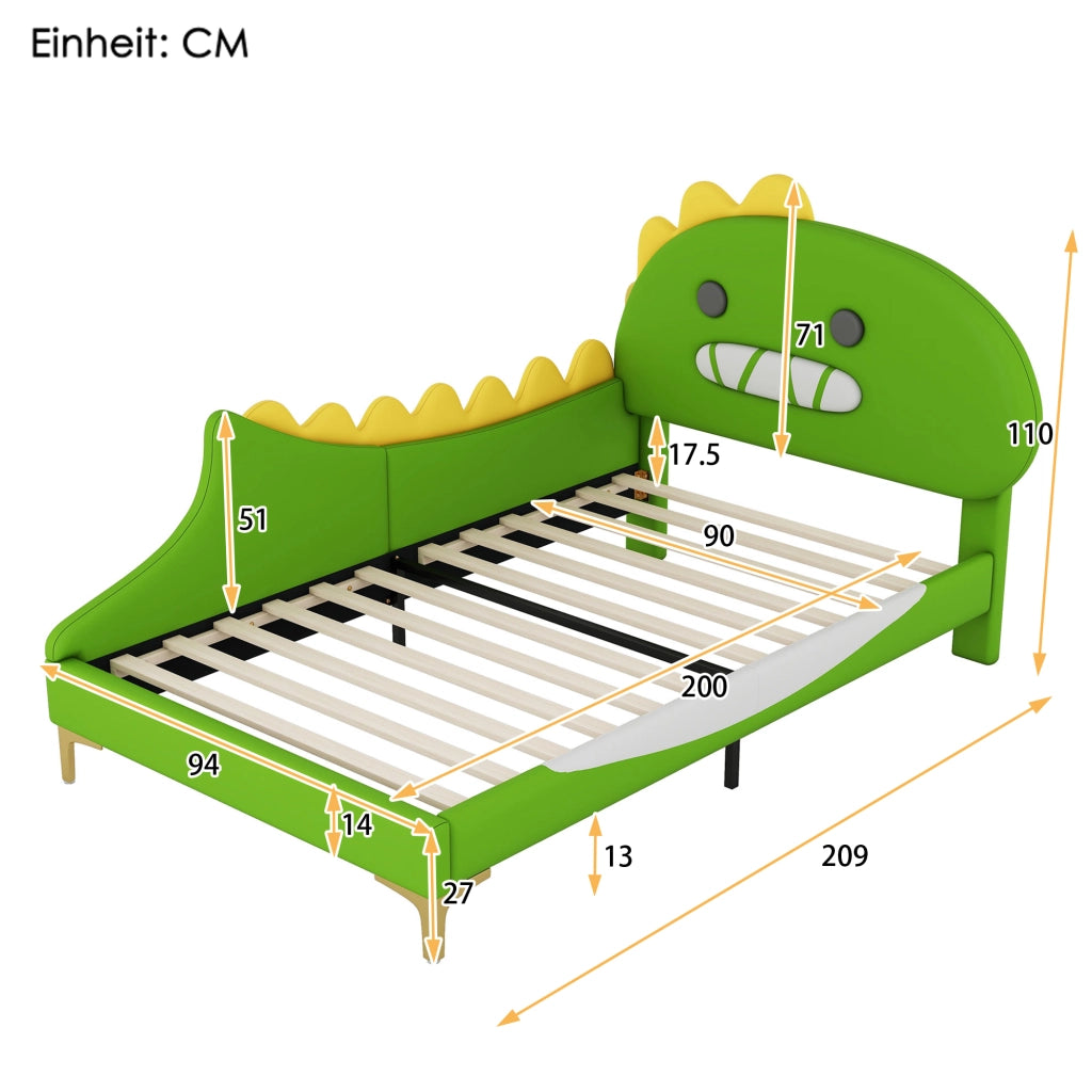 Letto per bambini 90 x 200 cm a forma di dinosauro dei cartoni animati, letto basso in PU - Verde