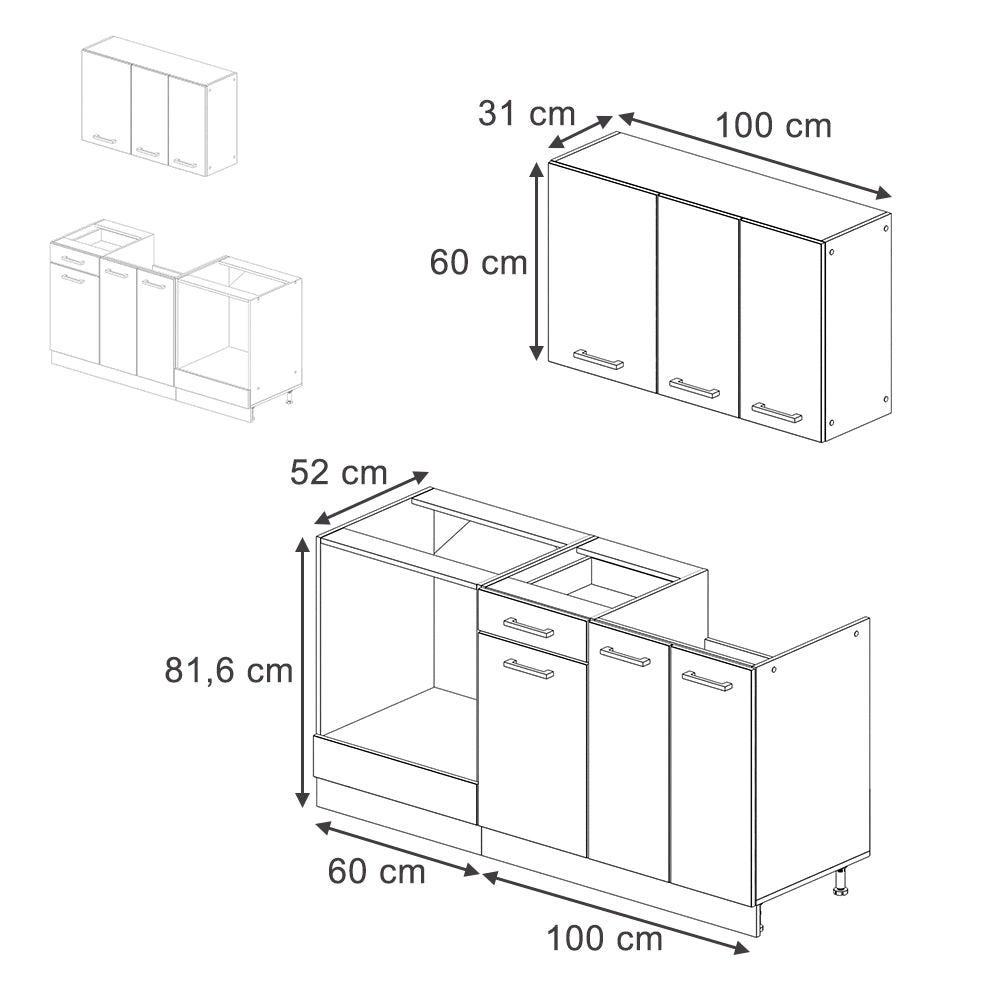 Vicco Cucina completa Bianco lucido/oro power oak 160 cm con colonna forno senza piano di lavoro