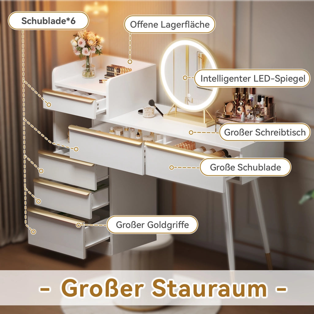 Tavolo da toeletta con 6 cassetti, piano estraibile e specchio LED dimmerabile, bianco, 100 × 41,5 × 102 cm