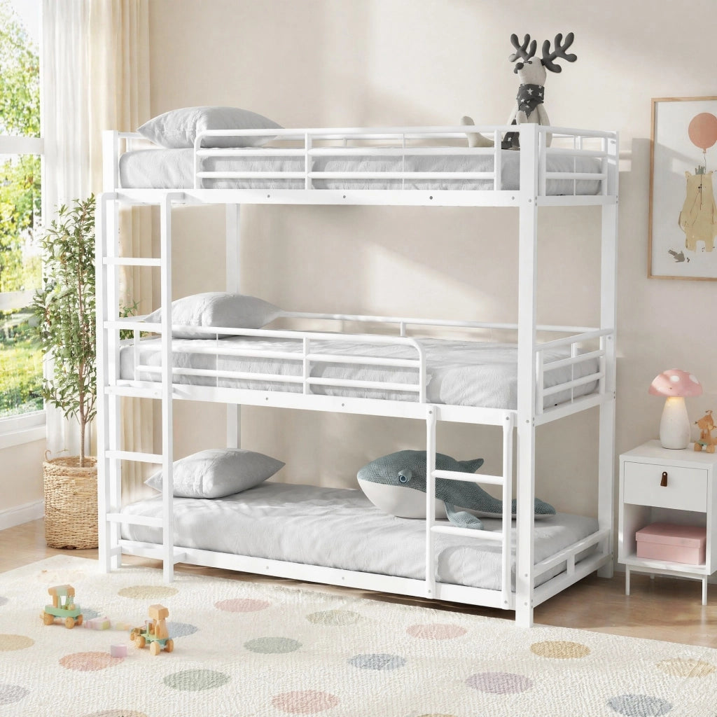 Letto a castello triplo in metallo 90 x 200 cm con scala fissa; bianco