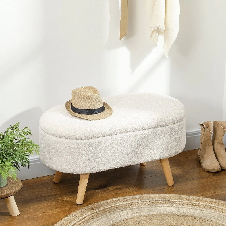 Panca con contenitore e coperchio in legno e tessuto bianco, 82x41x45 cm, per ingresso, soggiorno e camera da letto