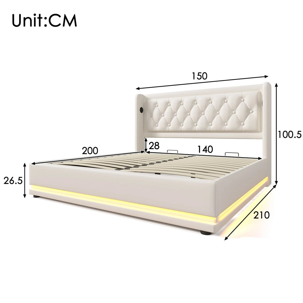 Letto Contenitore Imbottito Matrimoniale LED con USB ¨C MINIMAL ¨C Bianco, 140x200, Idraulico