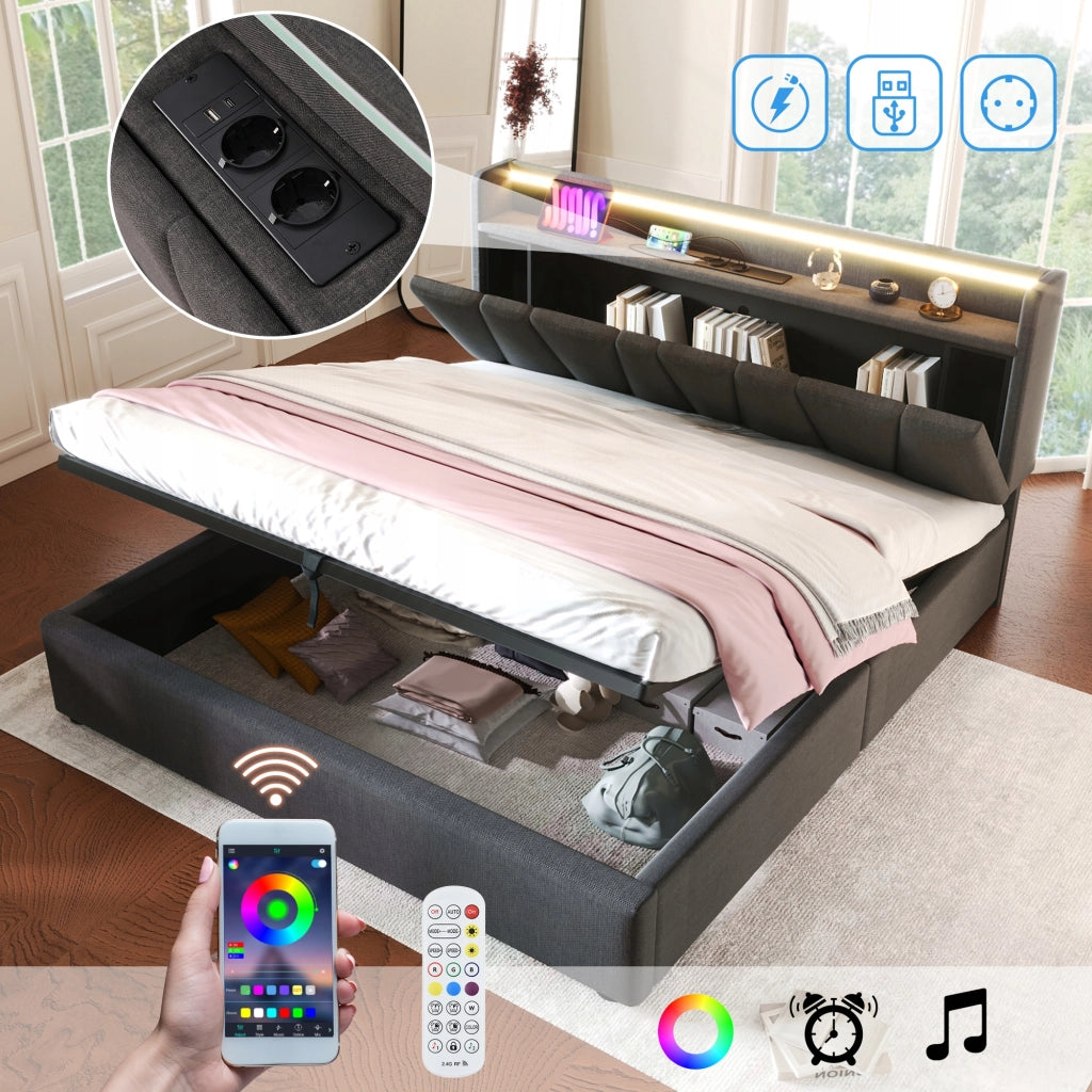 Letto imbottito con LED e USB - Xylo - 140x200 - Grigio