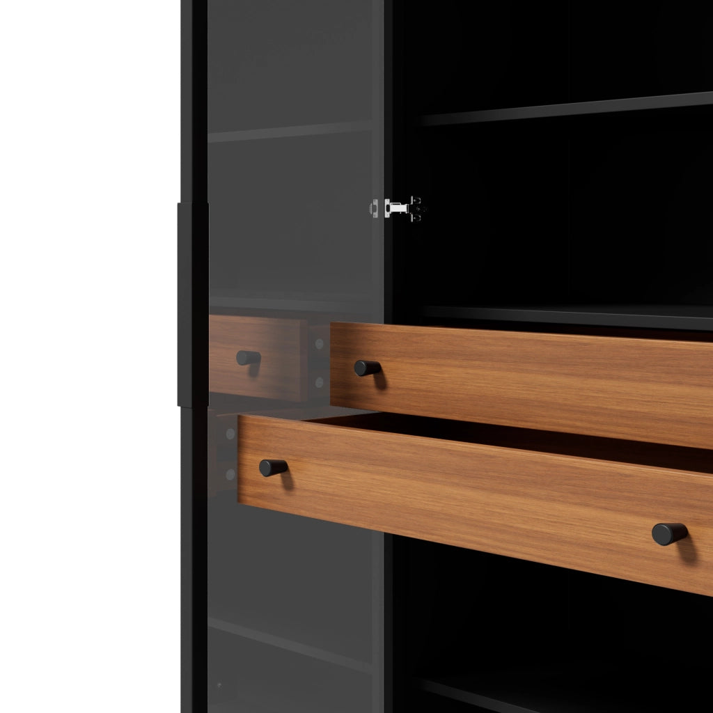 Vetrina con 2 ante in vetro LED con controllo tramite app e 2 cassetti per soggiorno nera 70 × 36 × 170 cm