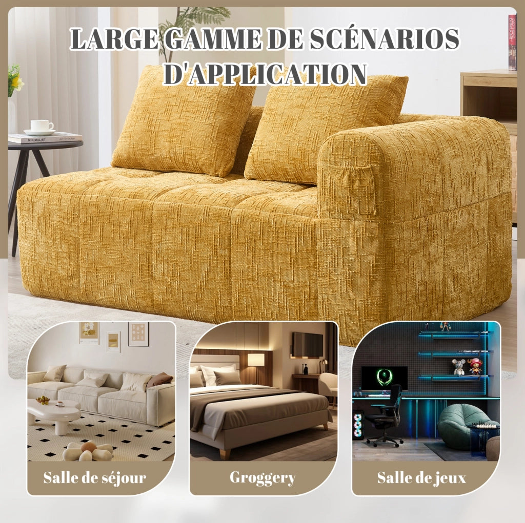 Divano 2 posti con chaise longue, tessuto chenille giallo, con cuscino e tasche laterali