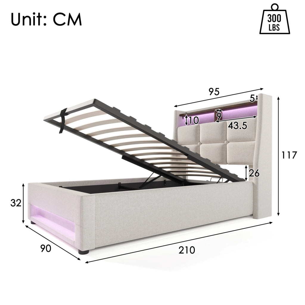 Letto imbottito 90x200 cm con LED, USB e contenitore in lino beige chiaro