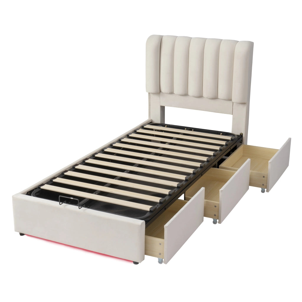 Letto contenitore per bambini 90 × 200 cm con vano idraulico, 3 cassetti e luce LED, senza materasso, velluto beige