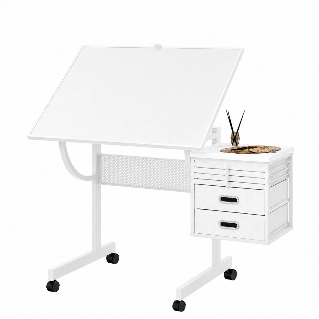 Tavolo per puzzle con piano regolabile, 4 vassoi e coperchio in MDF, metallo e poliestere, bianco 98×69×11.5 cm