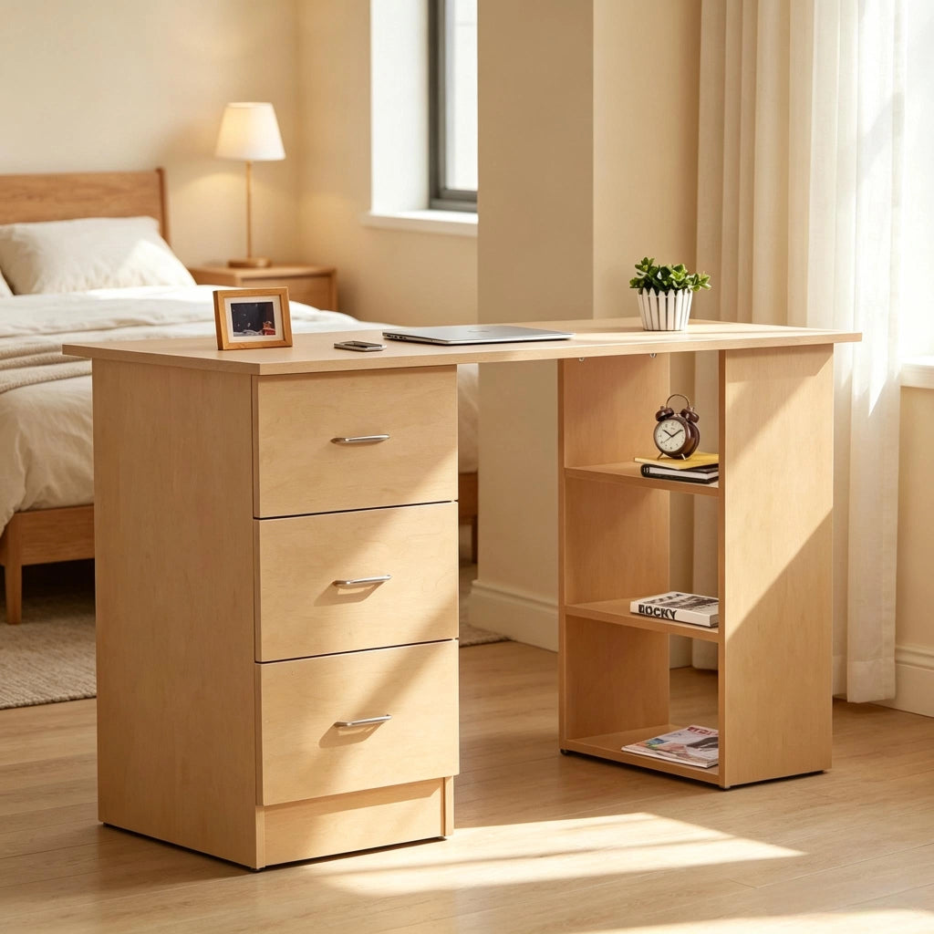 Scrivania con 3 ripiani e 3 cassetti, per studio, in MDF, 120 x 49 x 72 cm, legno