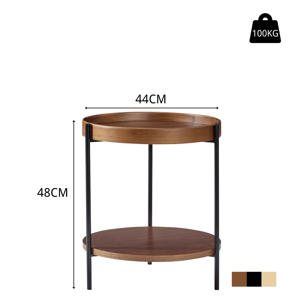 Tavolino basso fisso a due ripiani rotondi in legno e MDF color noce con struttura in ferro nero