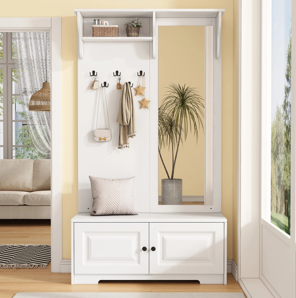 Mobile da ingresso 100x40x180 cm con specchio, 5 ganci e 2 armadietti in MDF bianco