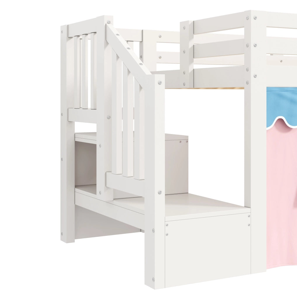 Letto semi-alto 90x200 cm bianco in pino e MDF con tenda oscurante; LED e mobile scala HOMVRA