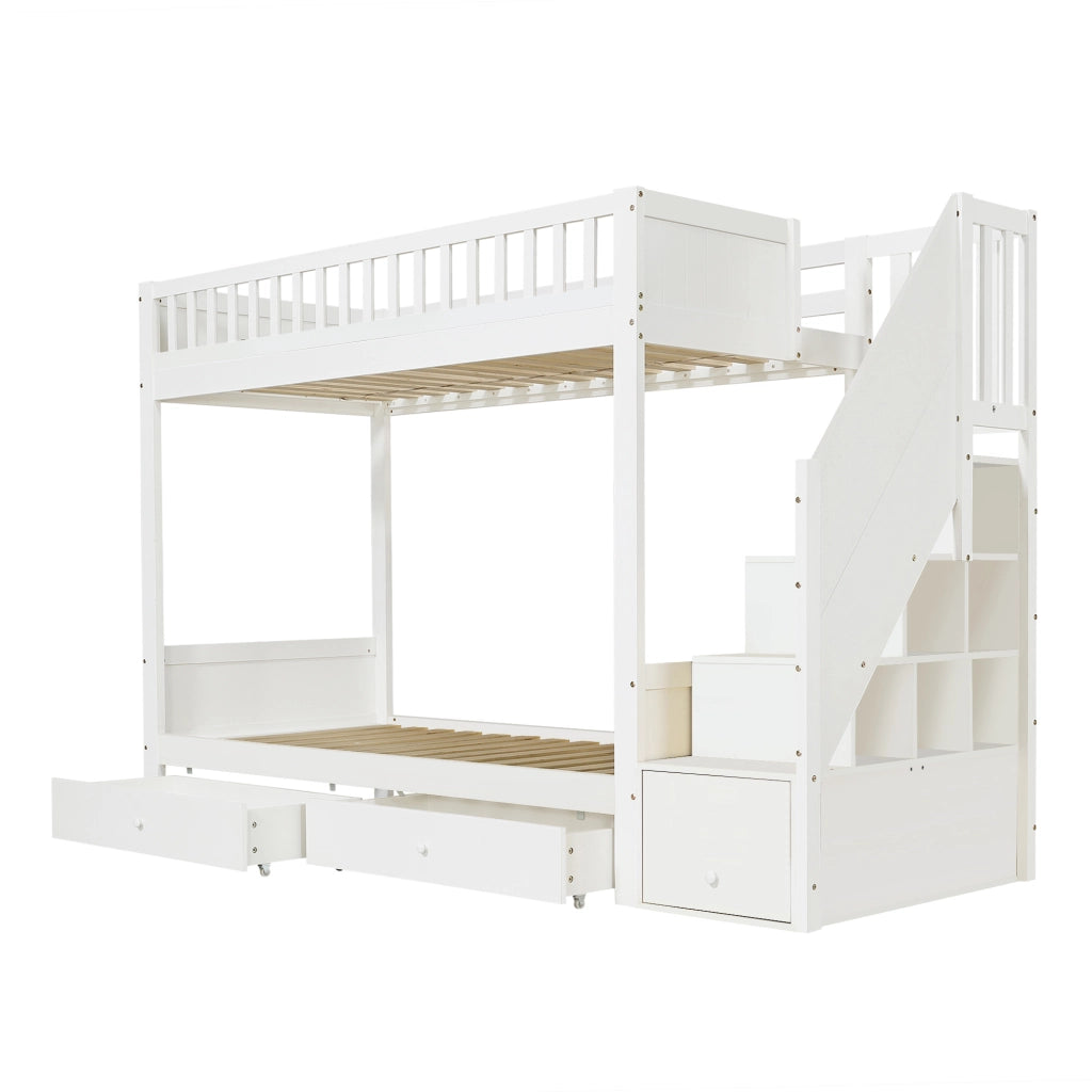 Letto a castello per bambini 90×200 cm 2 posti con scala contenitore, 2 cassetti e barriere, senza materasso, bianco