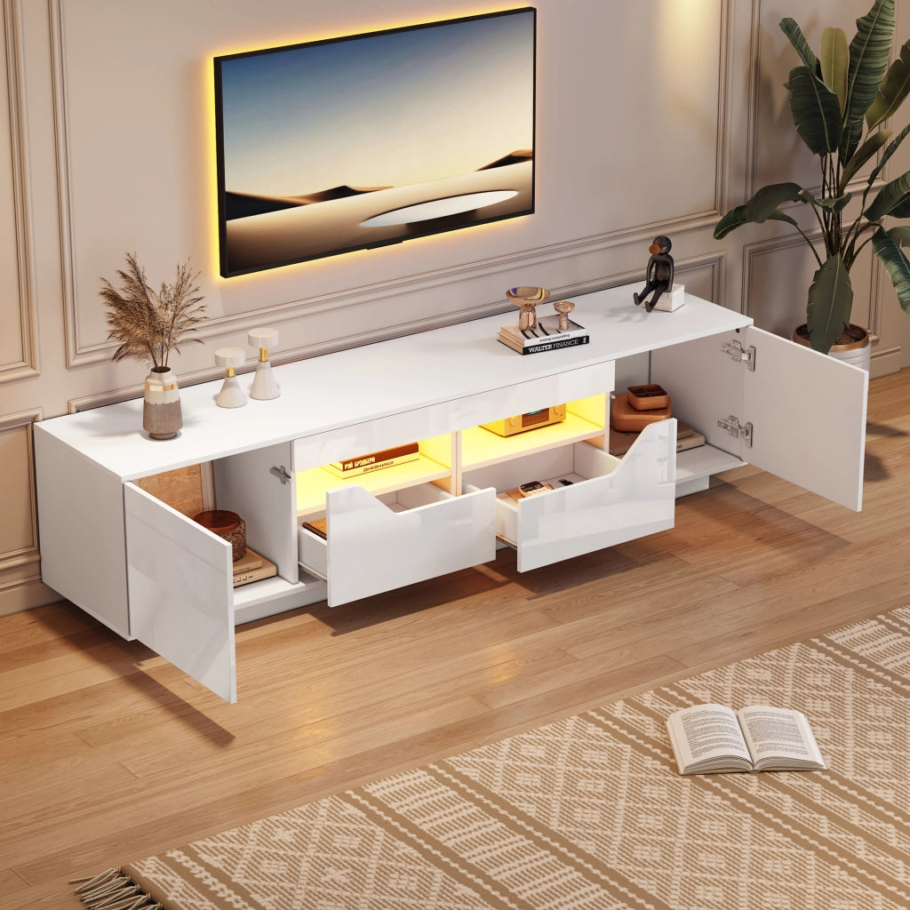 Mobile TV LED con 2 cassetti, 2 ante e 2 vani semichiusi, finitura lucida, per soggiorno, bianco, 180 × 40 × 45 cm