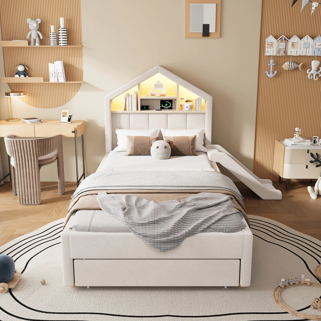 Letto per bambini imbottito 90 × 200 cm con scivolo montabile LED porta di ricarica e vano contenitore beige