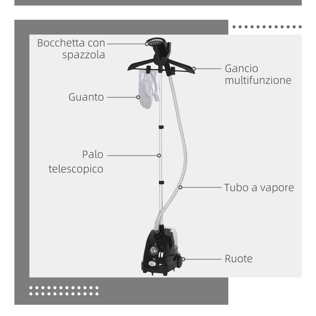 Stiratrice Verticale a Vapore 1.4L con Asta Estendibile in ABS e PP, Pratico Ferro Verticale con Ruote 26x21.5x29 cm Nero