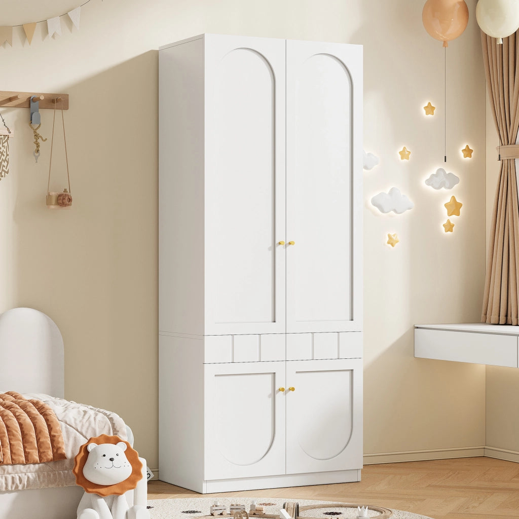 Armadio guardaroba a 2 ante con cassetti a pressione e ripiani fissi, per camera da letto, in MDF bianco, 80 × 50 × 200 cm