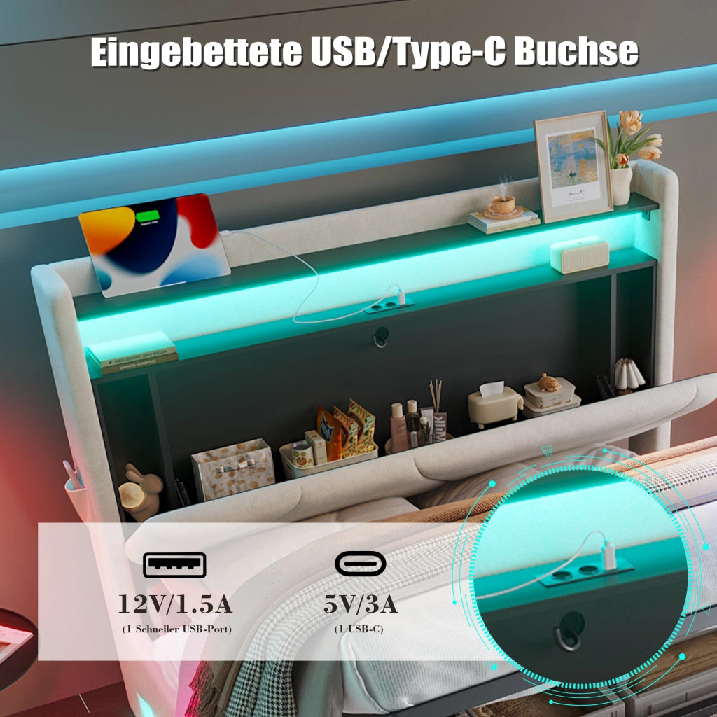 Letto matrimoniale imbottito 140 × 200 cm con contenitore velluto beige LED USB e Type-C testiera con ripiani