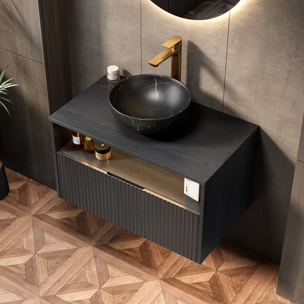 Mobile bagno sospeso con 1 cassetto e 1 vano aperto; lavabo in ceramica; LED con sensore e chiusura ammortizzata; nero 80×46×60.8 cm