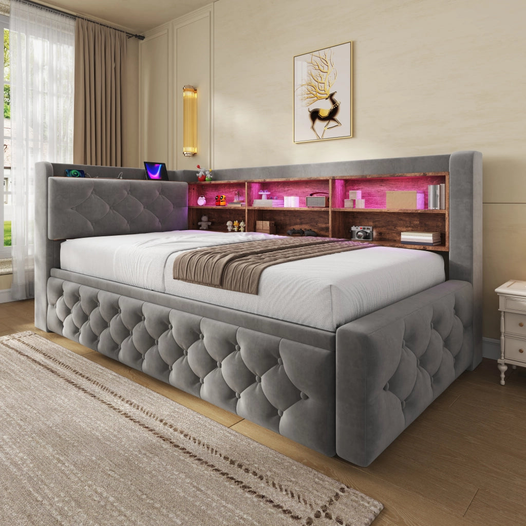 Divano letto estraibile 90x190 cm in velluto grigio scuro con LED e USB