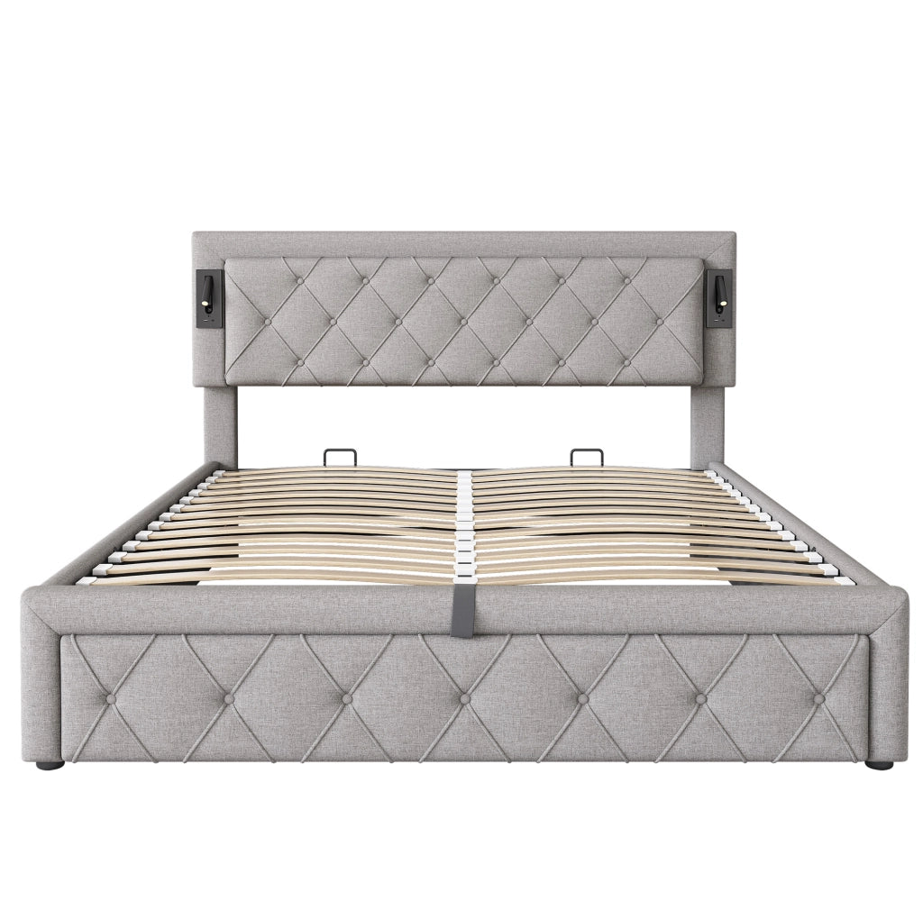 Letto imbottito con contenitore, LED e USB, grigio