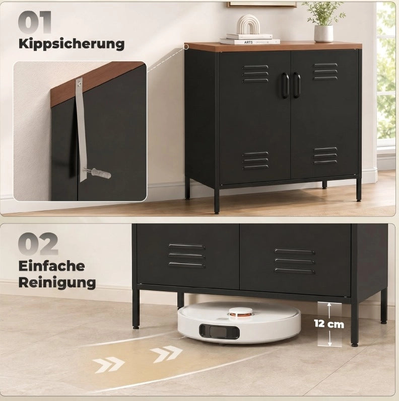 Credenza in metallo industriale con 2 porte e ripiano regolabile 80x40x80 cm, finitura nera