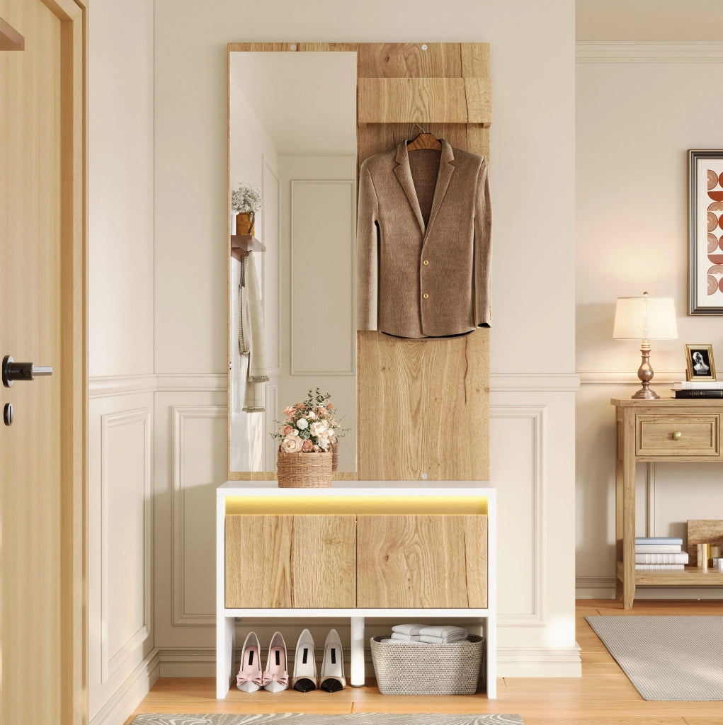 Set appendiabiti con specchio, panca porta scarpe e 2 cassetti, 60×38×145 cm, bianco e naturale