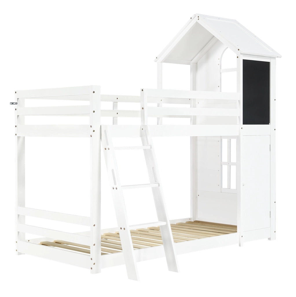 Letto a castello per bambini 90x200 cm con lavagna e scala inclinata in pino bianco