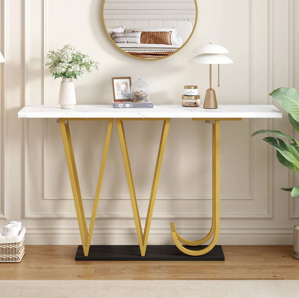 Tavolo da pranzo 120x29,5x80 cm in MDF/metallo bianco, effetto marmo, con ripiano