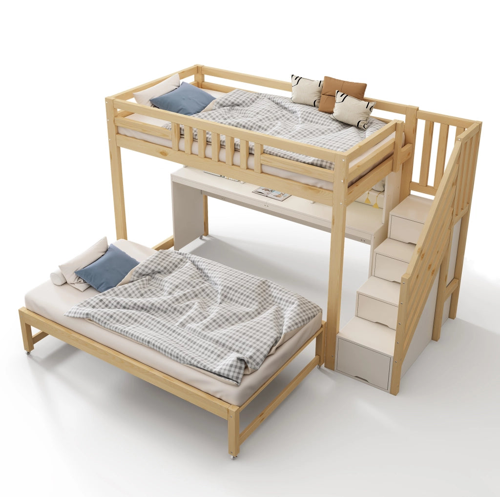 Letto a castello 90x200/90x190 cm con scrivania e letto estraibile in pino, compensato e MDF