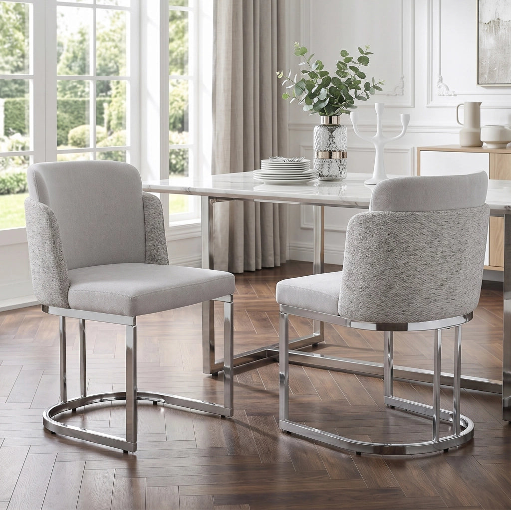 Set da 6 sedie da pranzo moderne con gambe in metallo galvanizzato argento e rivestimento in tessuto Chenille grigio chiaro