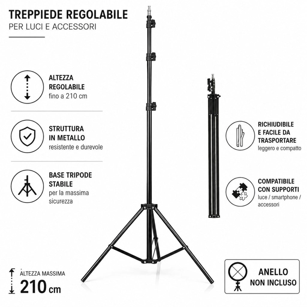 TREPIEDE SUPPORTO PER ANELLO LUMINOSO FOTO VIDEO TIKTOK SELFIE TRIPOD CAVALLETTO